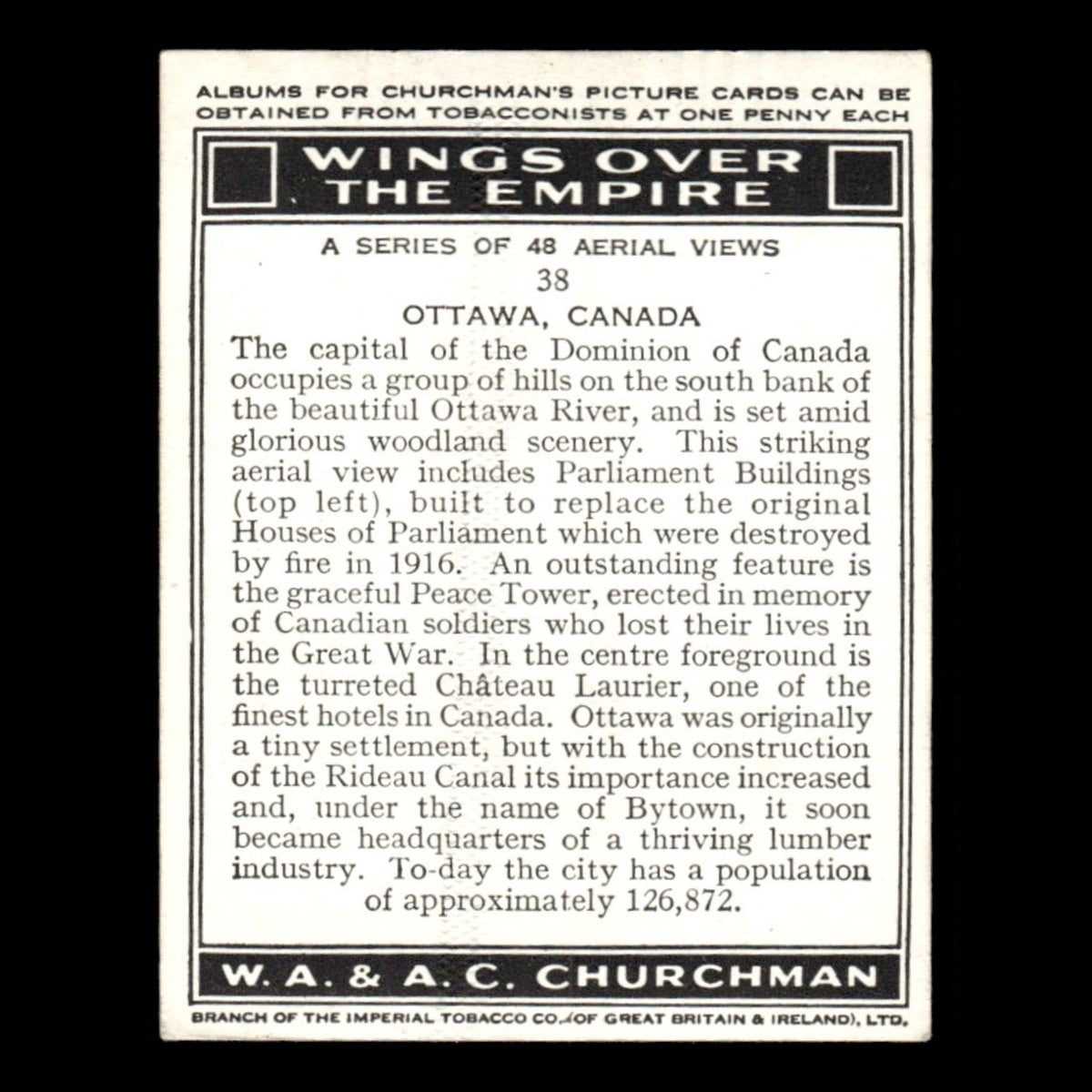 Ottawa Canada #38 1939 Churchmans Cigarettes Wings Over The Empire Baseball Card