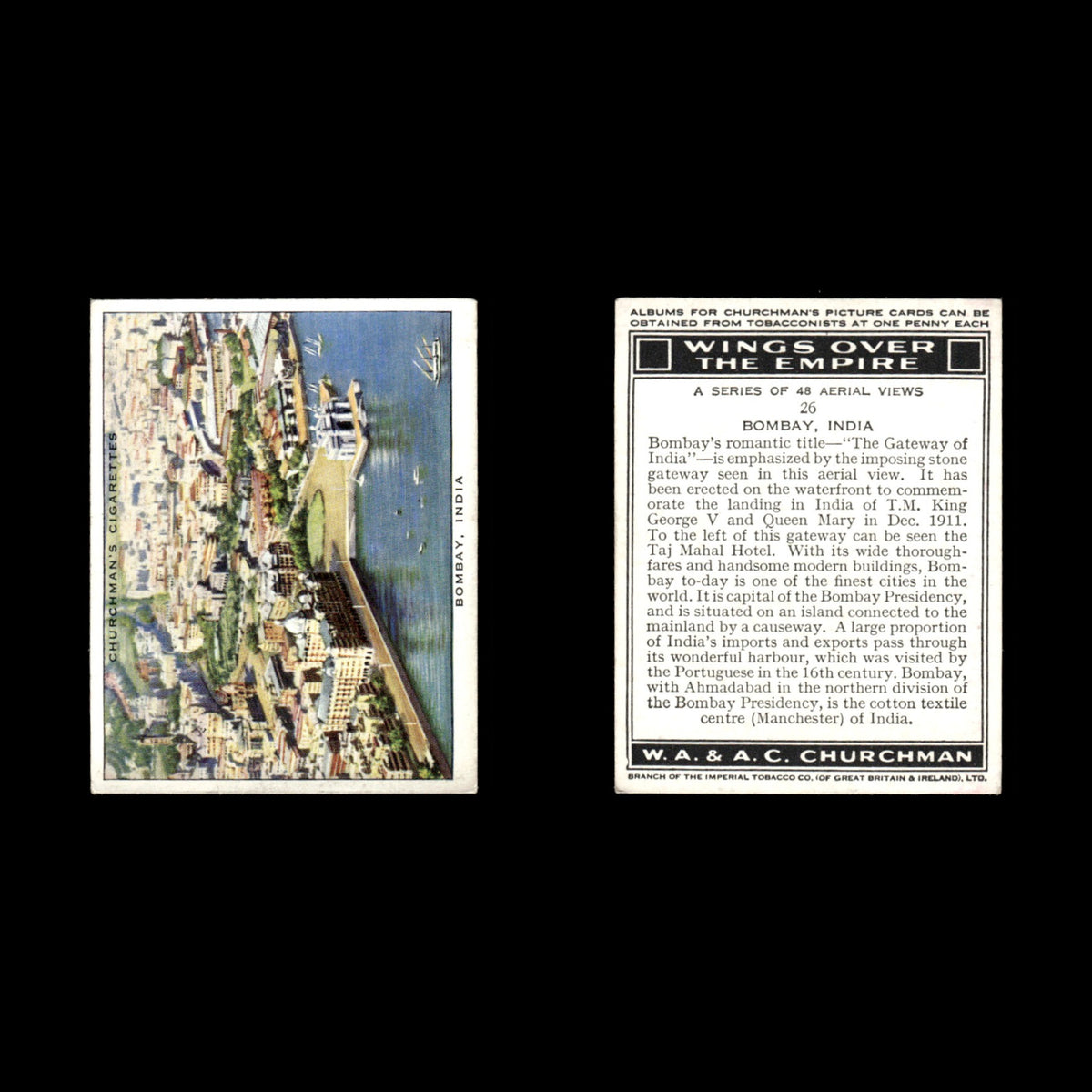 Bombay India #26 1939 Churchmans Cigarettes Wings Over The Empire Baseball Card