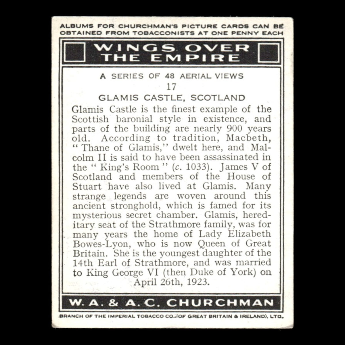 Glamis Castle Scotland #17 1939 Churchmans Cigarettes Wings Over The Empire Card