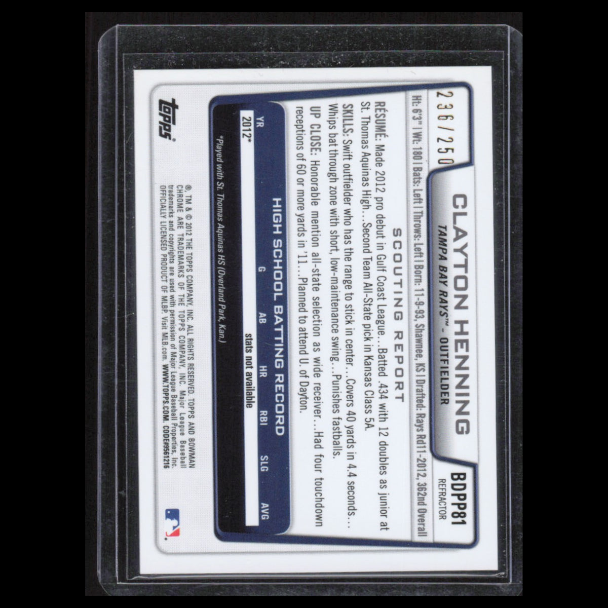 Clayton Henning /250 #BDPP81 2012 Tampa Bay Rays Baseball Card MLB NM