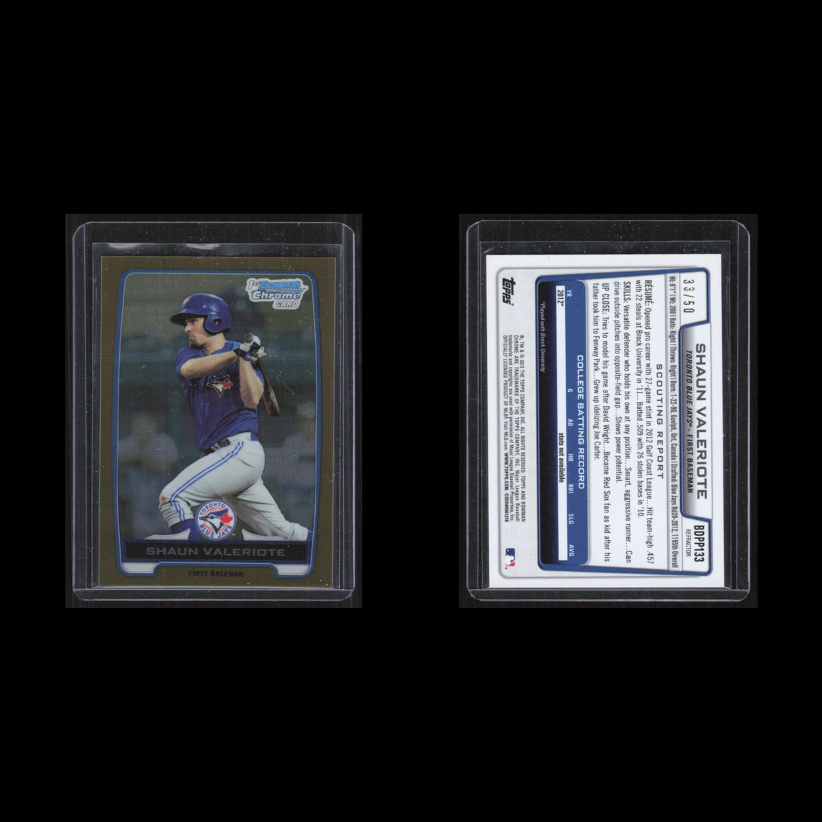 Shaun Valeriote /50 #BDPP133 2012 Bowman DPP Gold Refractor Toronto Blue Jays NM