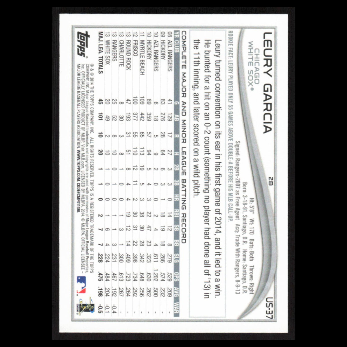 Leury Garcia #US-37 2014 Topps Update Chicago White Sox Baseball Card MLB NM