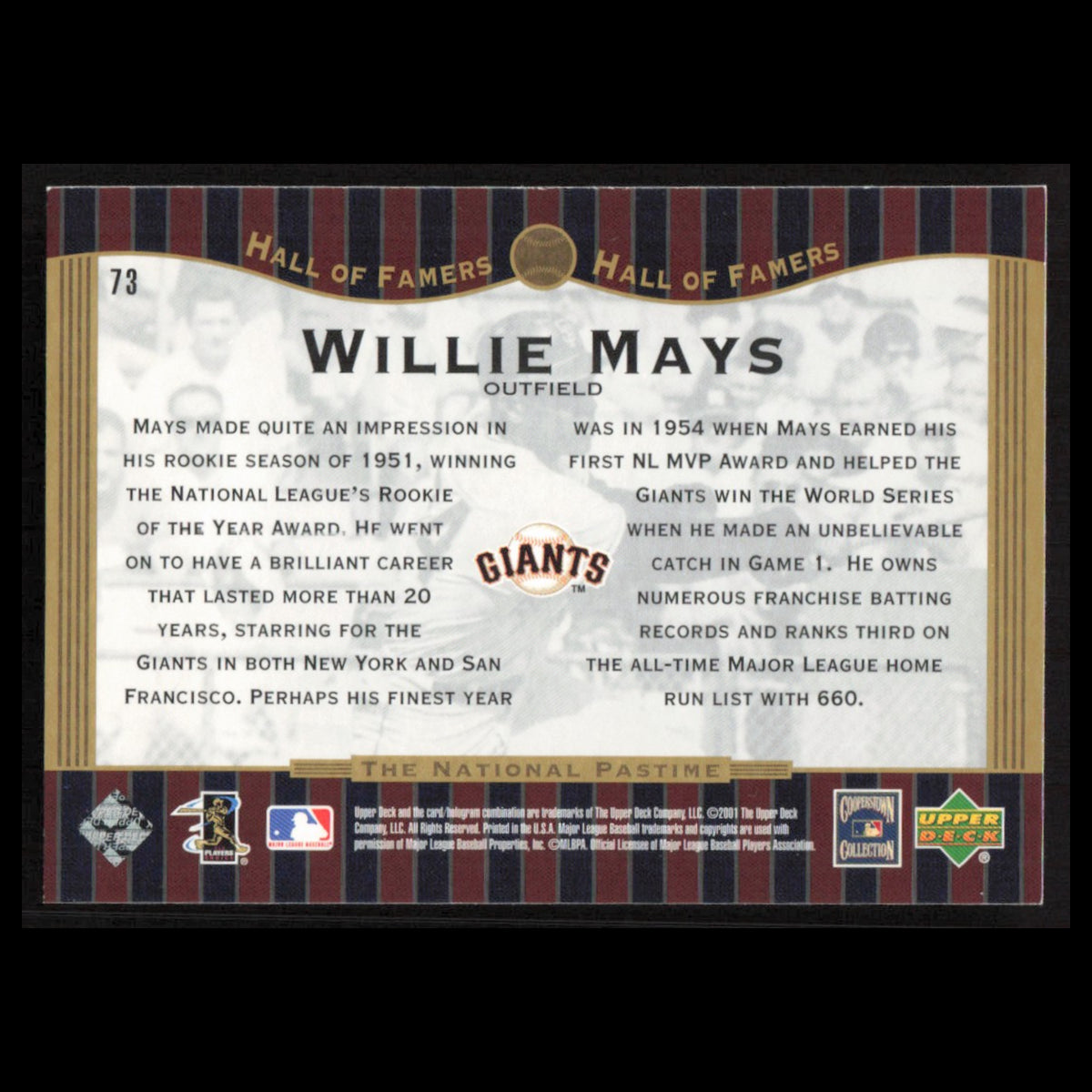 Willie Mays #73 2001 Upper Deck Hall of Famers New York Giants Baseball Card MLB