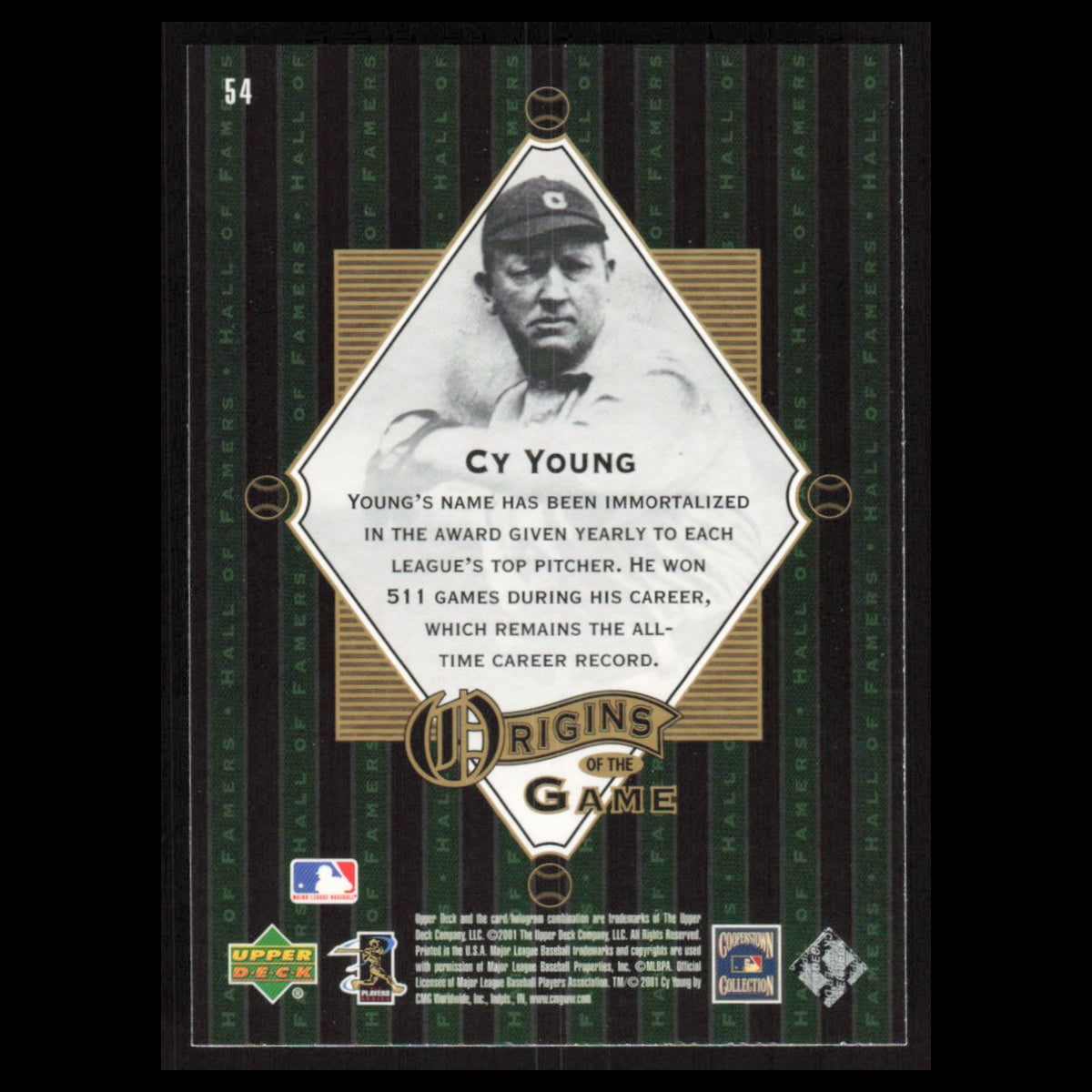 Cy Young #54 2001 Upper Deck Hall of Famers Cleveland Indians Baseball Card MLB