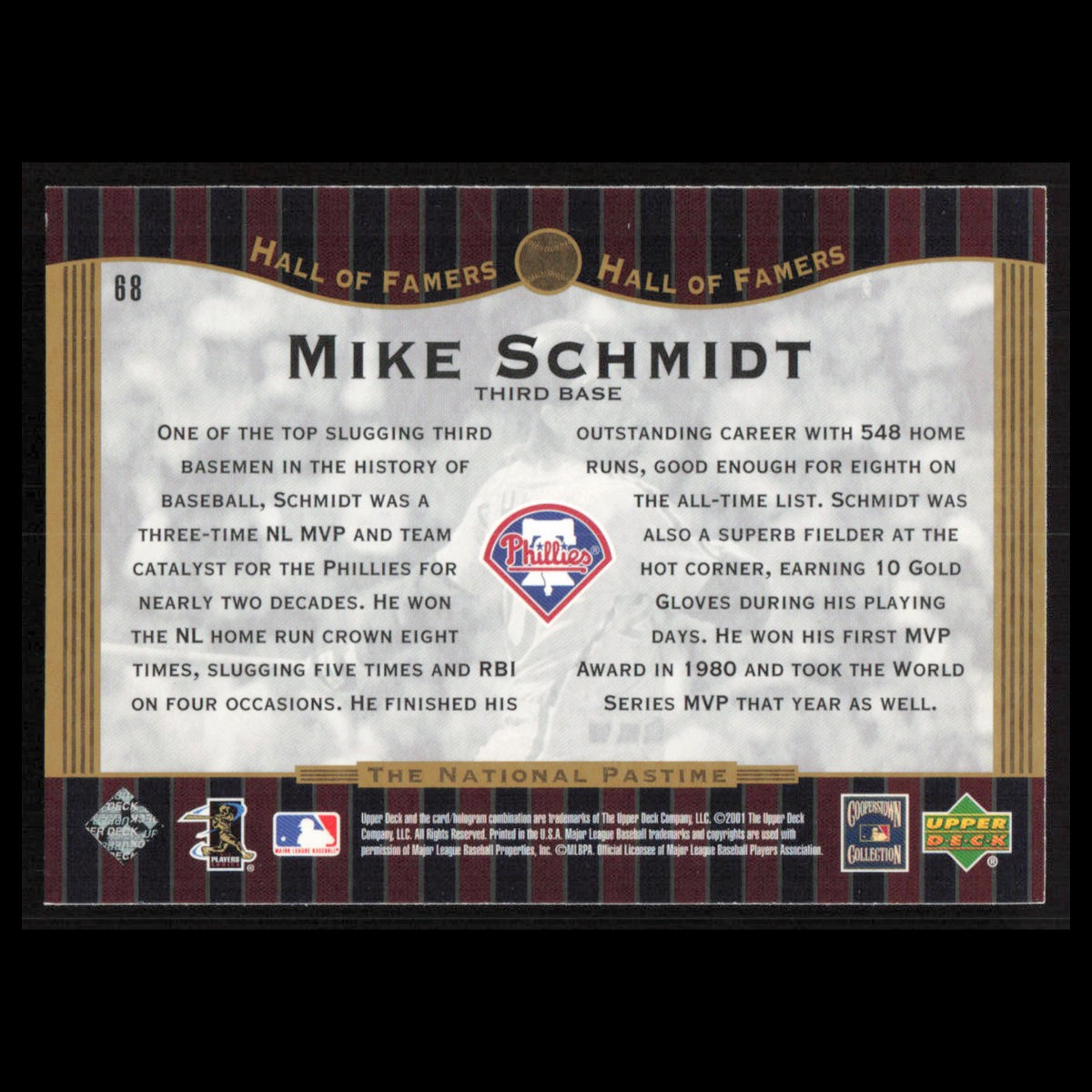 Mike Schmidt #68 2001 Upper Deck Hall of Famers Philadelphia Phillies Baseball