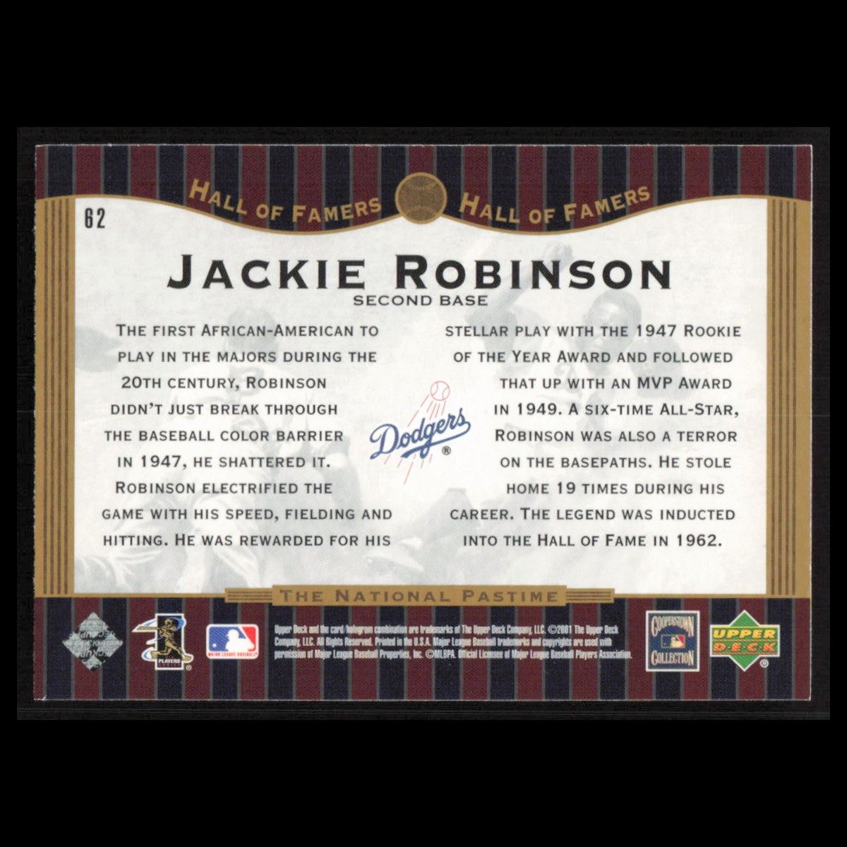Jackie Robinson #62 2001 Upper Deck Hall of Famers Brooklyn Dodgers Baseball MLB
