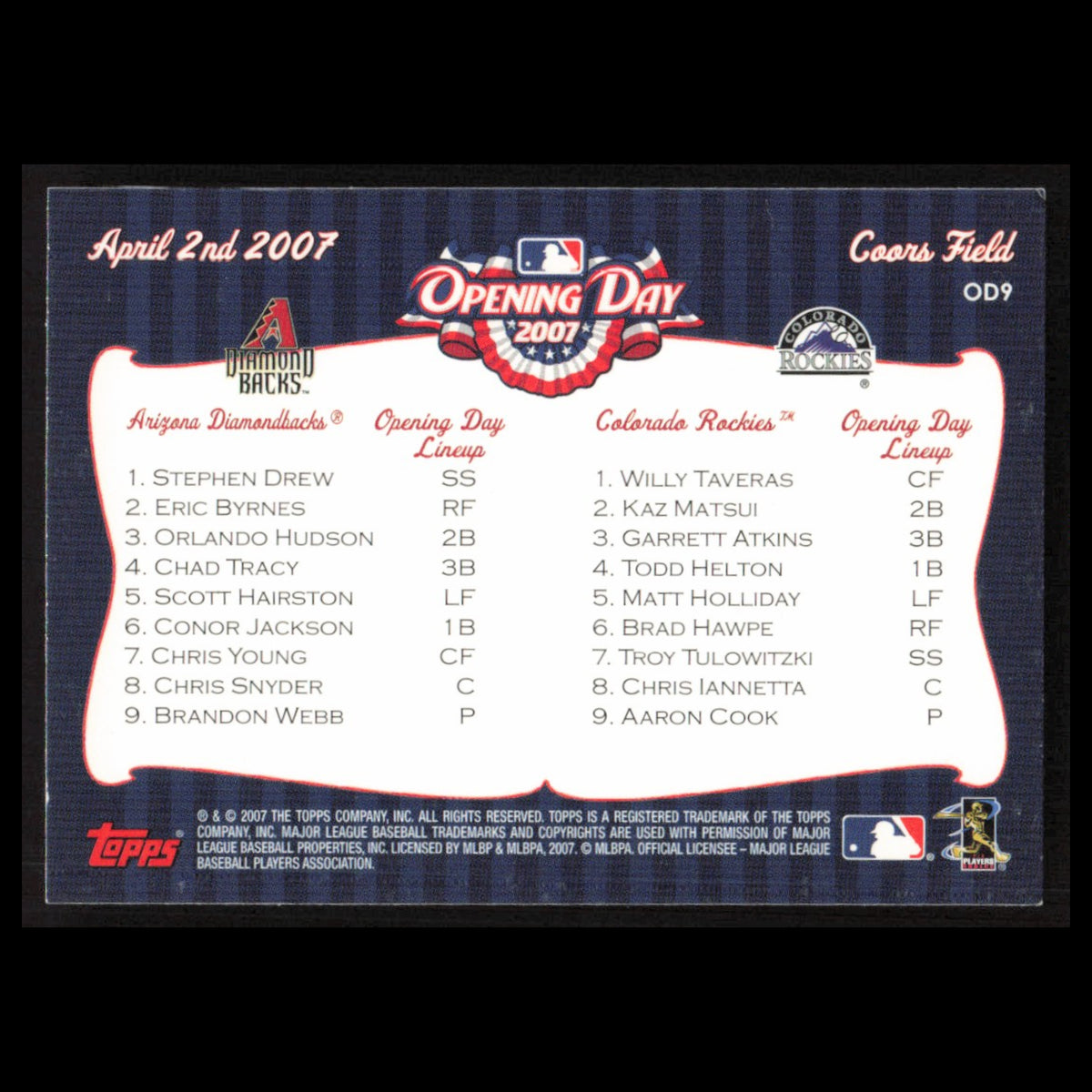 Coors Field #OD9 2007 Topps Opening Day Diamondbacks v Rockies Baseball Card MLB