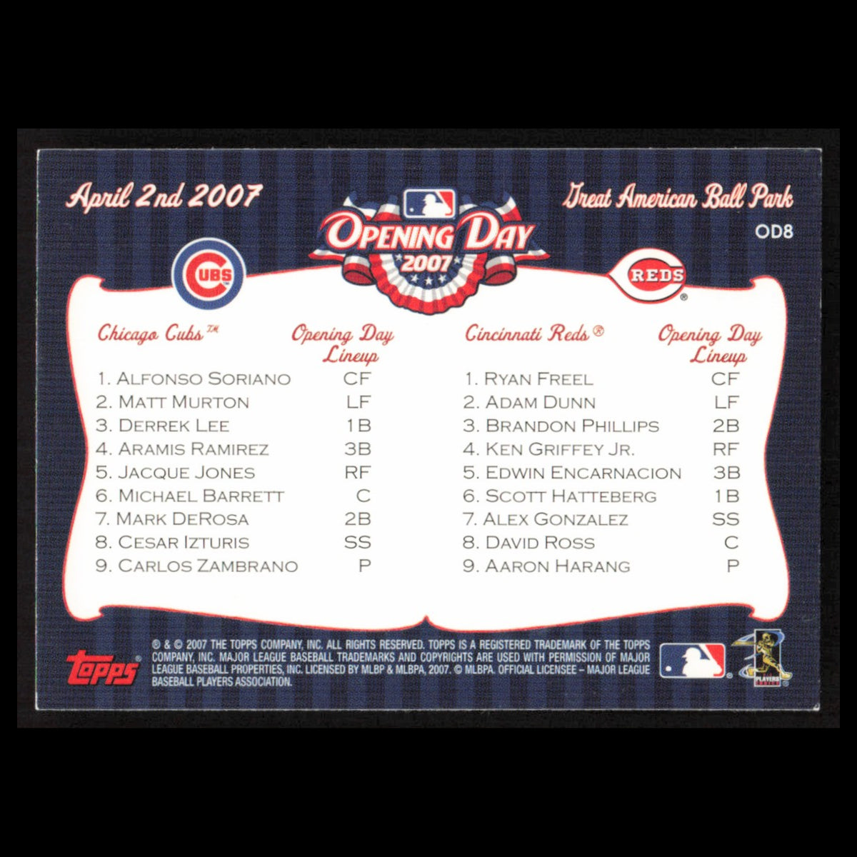 Great American BallPark #OD8 2007 Topps Opening Day Chicago Cubs/Cincinnati Reds