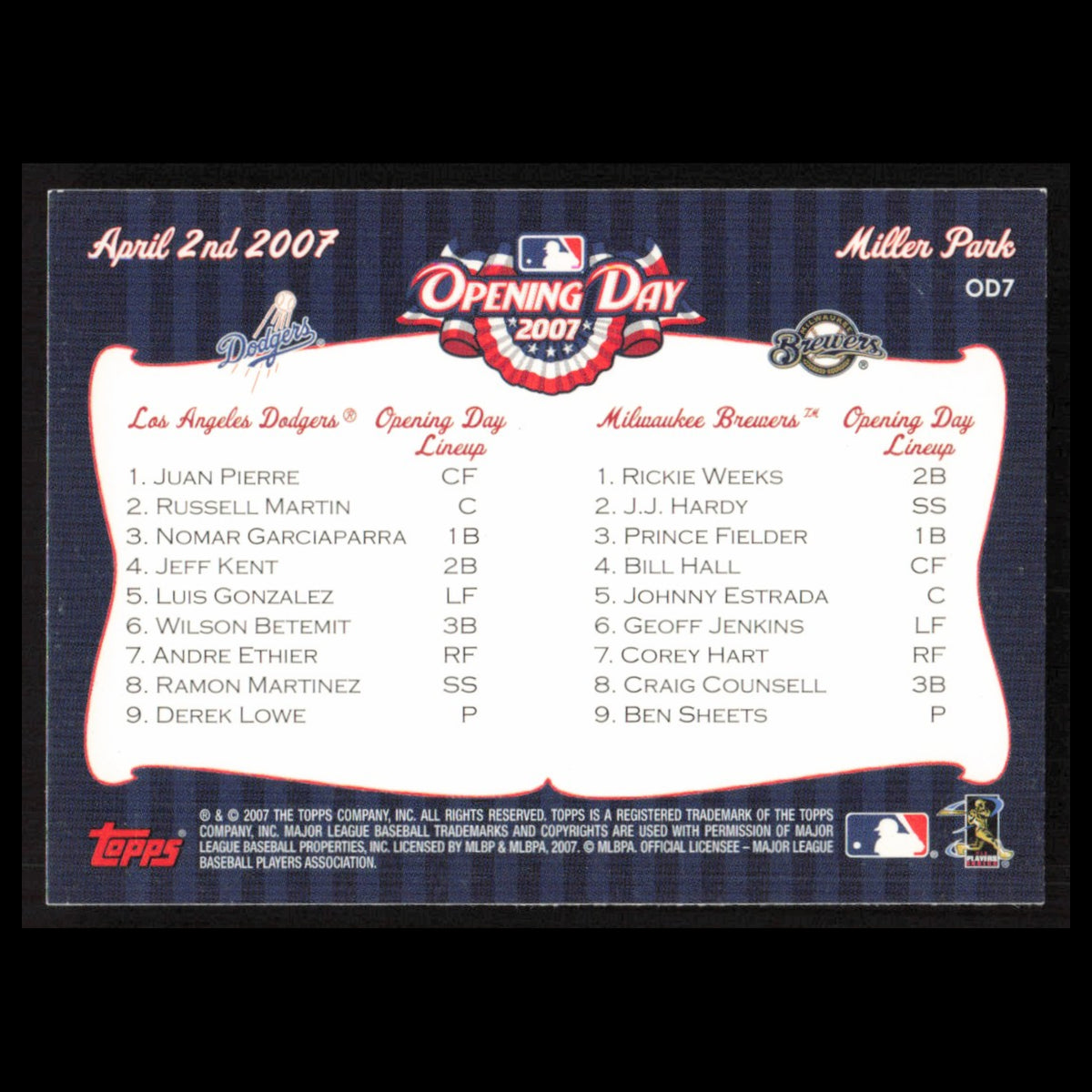 Miller Parlk #OD7 2007 Topps Opening Day Los Angeles Dodgers/Milwaukee Brewers