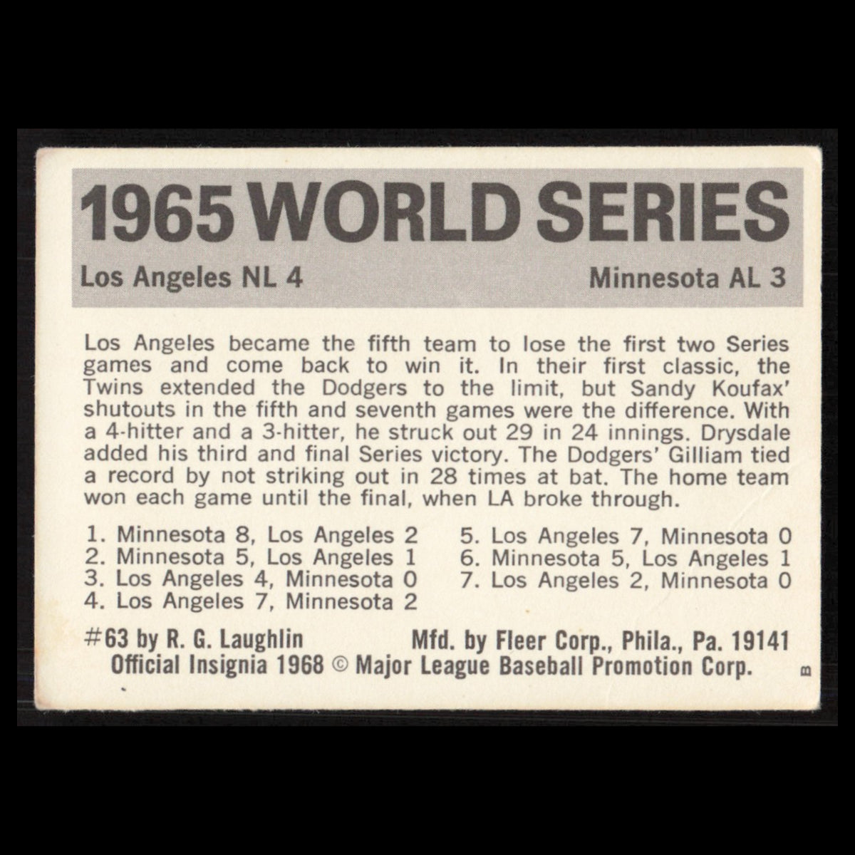 1965 Twins v LA Dodgers #63 1971 Fleer Laughlin World Series Baseball Card MLB