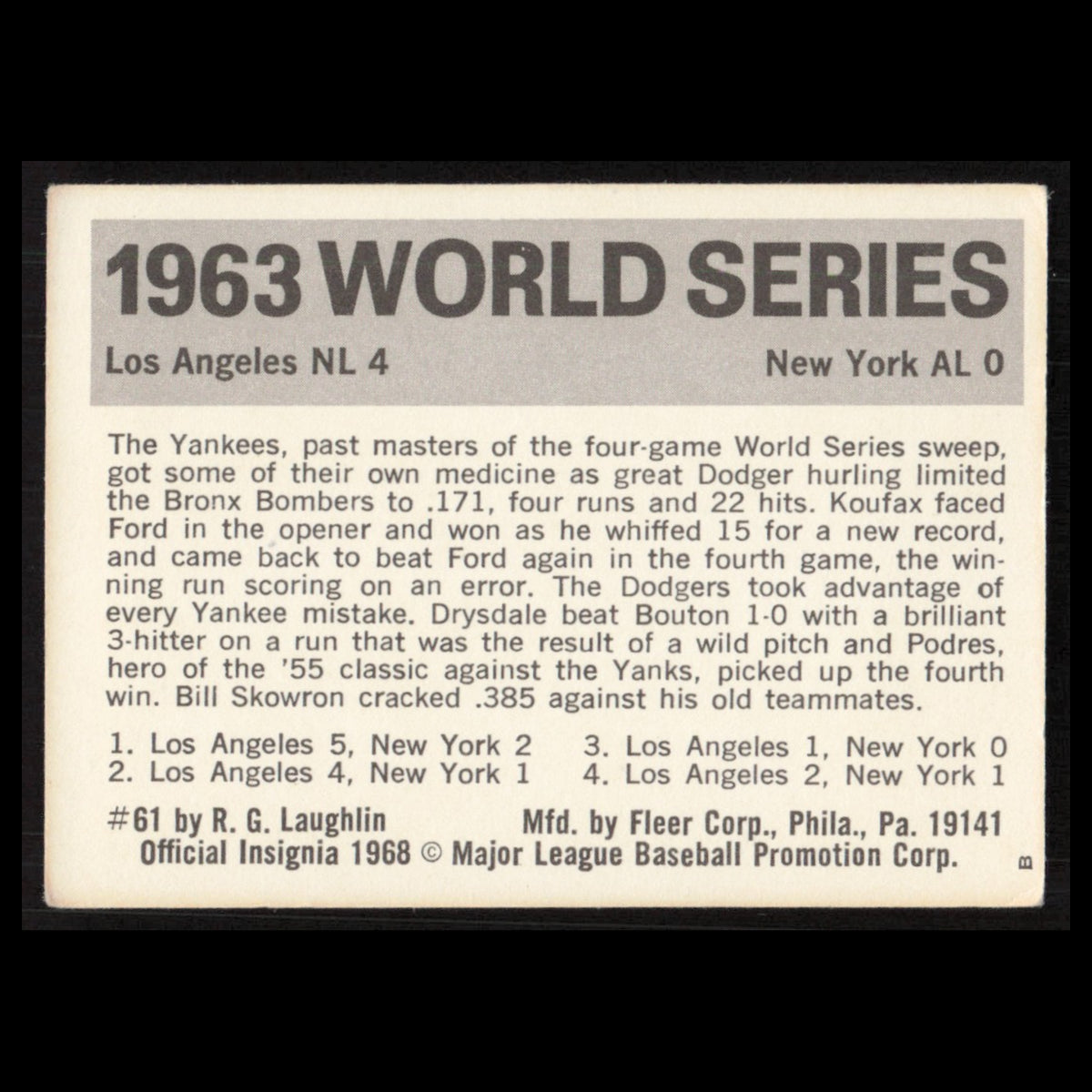 1963 NY Yankkes v LA Dodgers #61 1971 Fleer Laughlin World Series Baseball Card