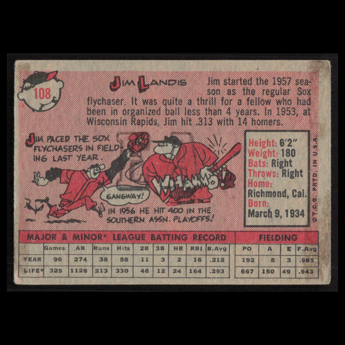 Jim Landis #108 1958 Topps Chicago White Sox Baseball Card MLB NM