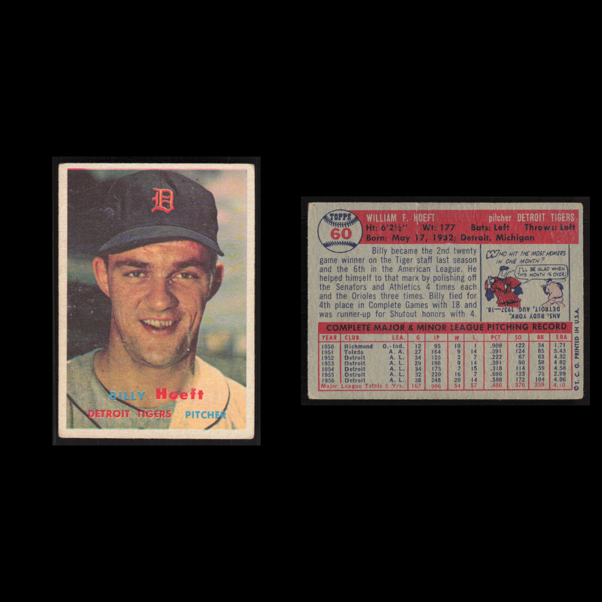 Billy Hoeft #60 1957 Topps Detroit Tigers Baseball Card MLB NM