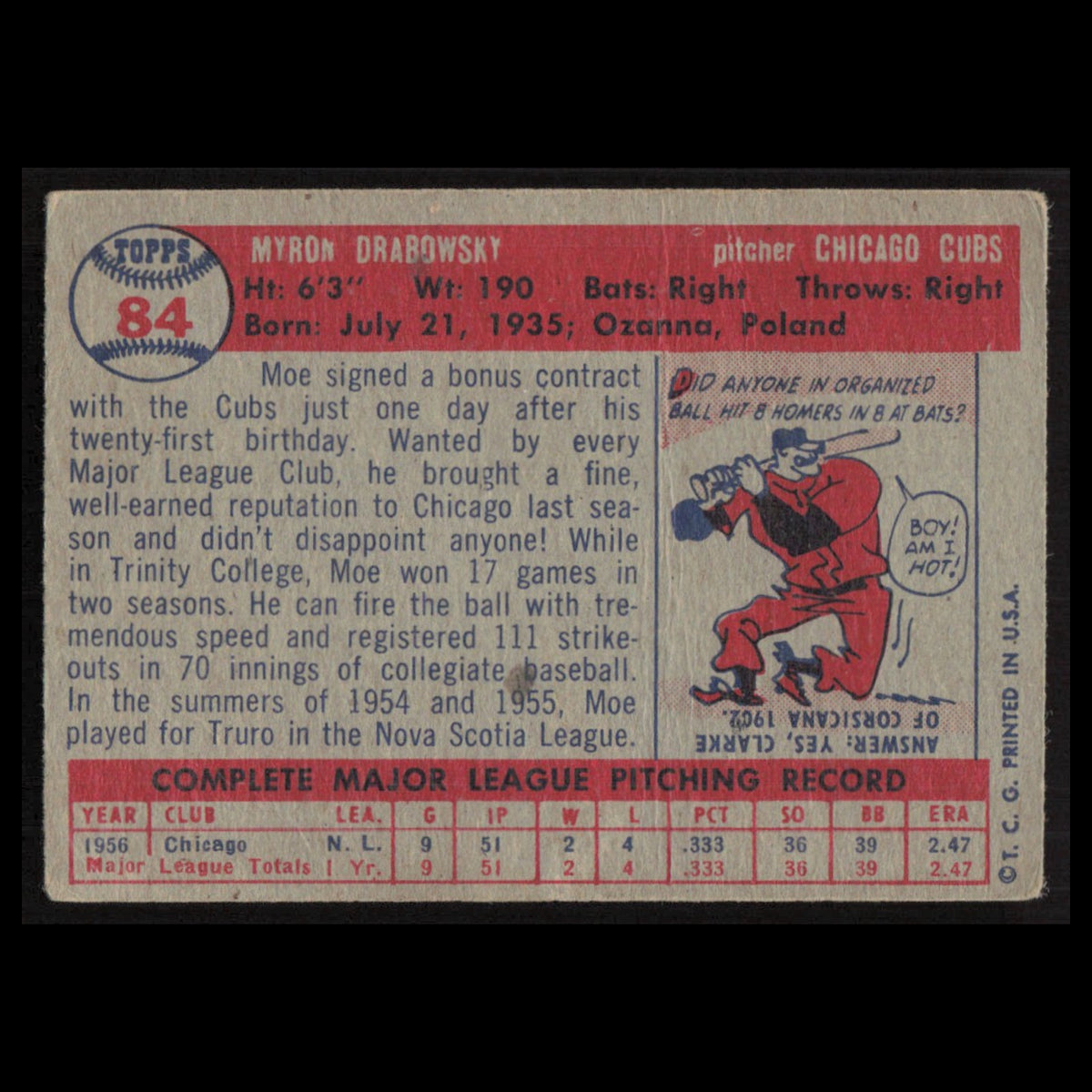 Moe Drabowsky Rookie #84 1957 Topps Chicago Cubs Baseball Card MLB VG