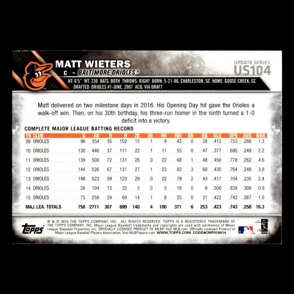 Matt Wieters #US104 2016 Topps Update Baltimore Orioles Baseball Card MLB NM