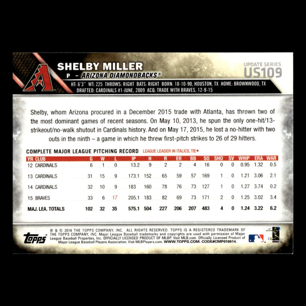 Shelby Miller #US109 2016 Topps Update Arizona Diamondbacks Baseball Card MLB NM