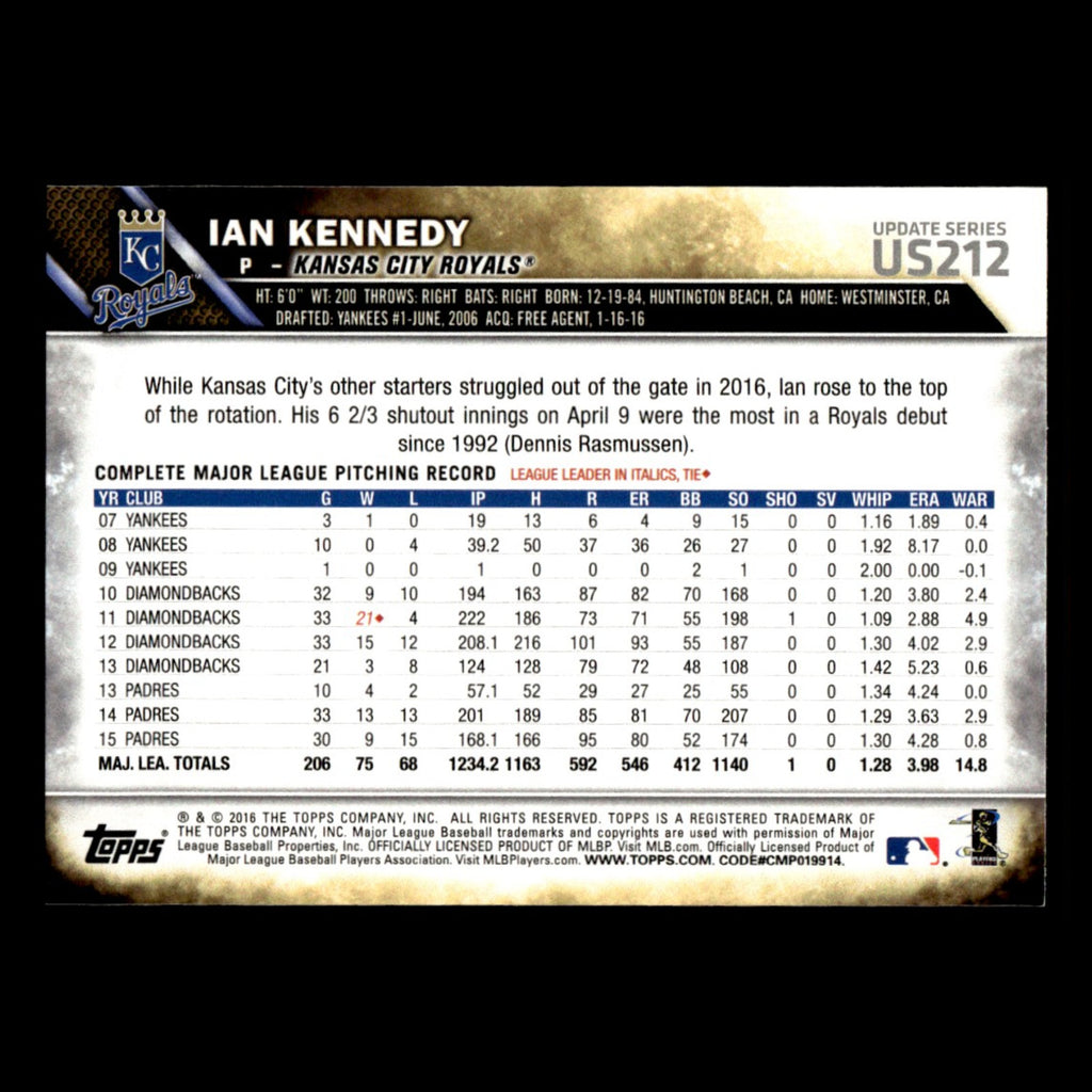 Ian Kennedy #US212 2016 Topps Update Kansas City Royals Baseball Card MLB NM