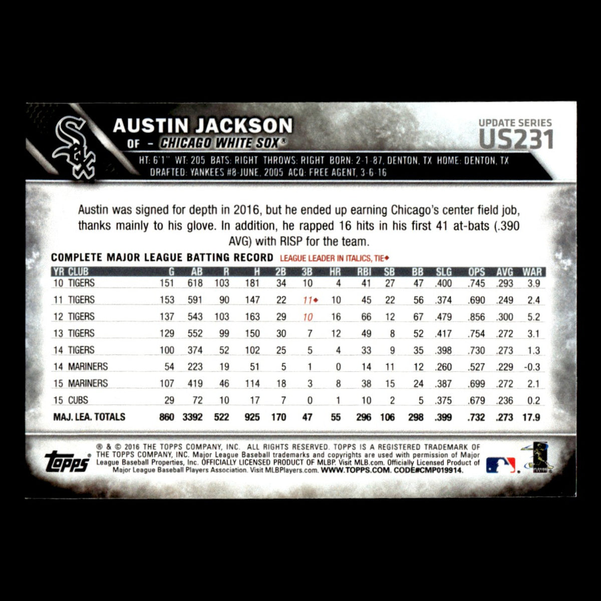 Austin Jackson #US231 2016 Topps Update Chicago White Sox Baseball Card MLB NM