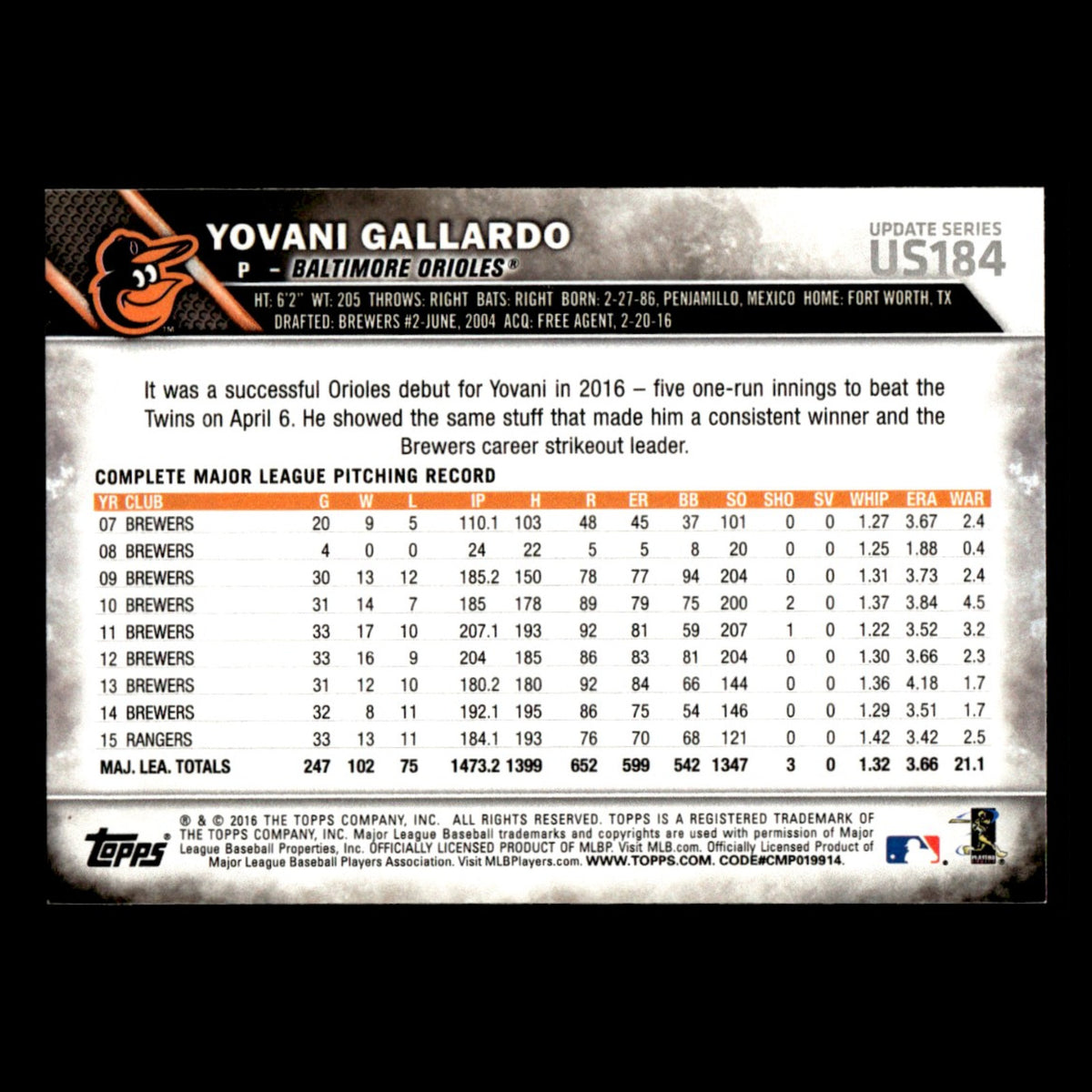 Yovani Gallardo #US184 2016 Topps Update Baltimore Orioles Baseball Card MLB NM