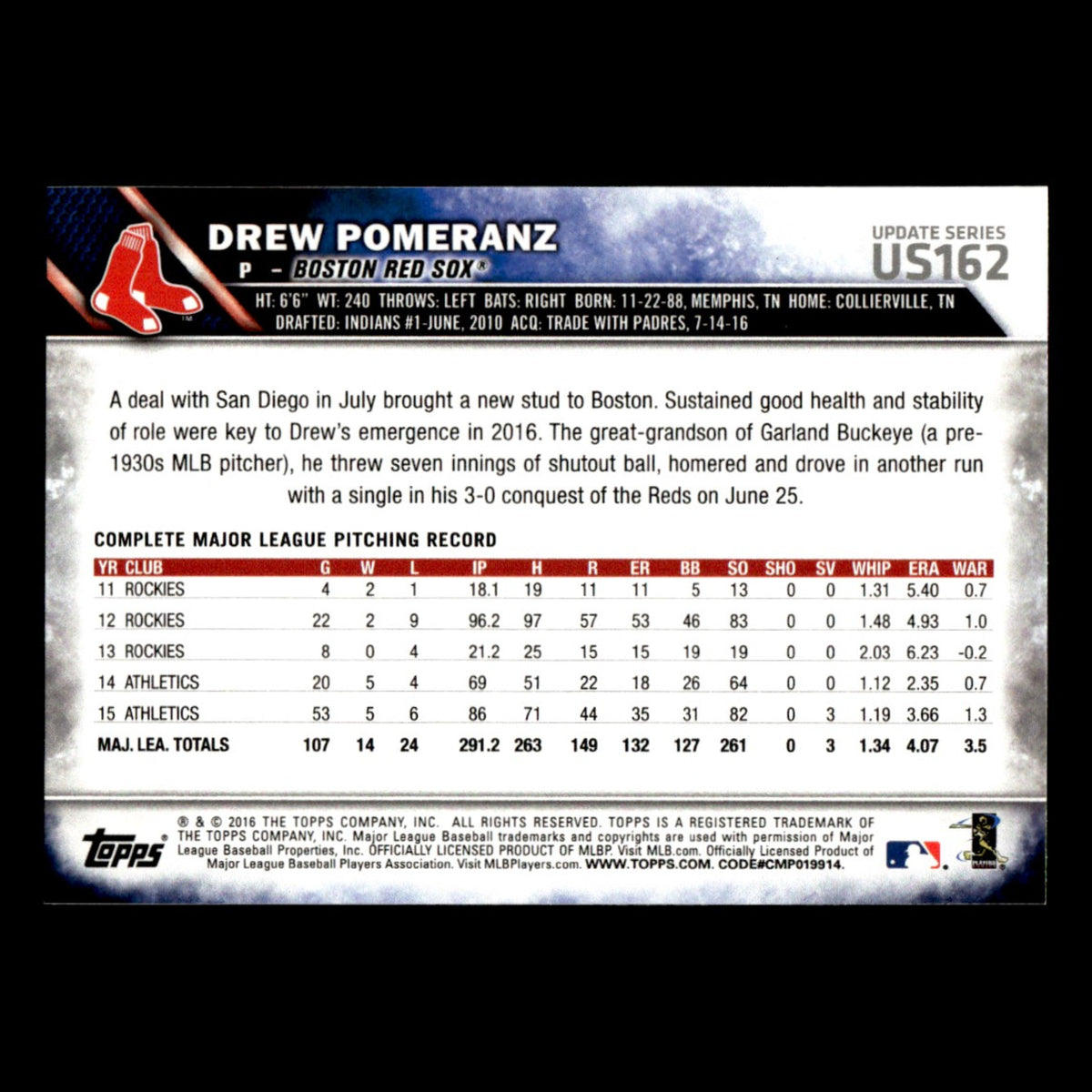 Drew Pomeranz #US162 2016 Topps Update Boston Red Sox Baseball Card MLB NM
