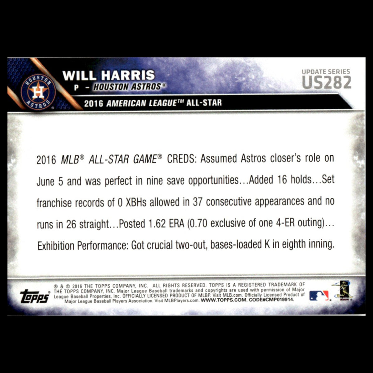 Will Harris #US282 2016 Topps Update Houston Astros Baseball Card MLB NM