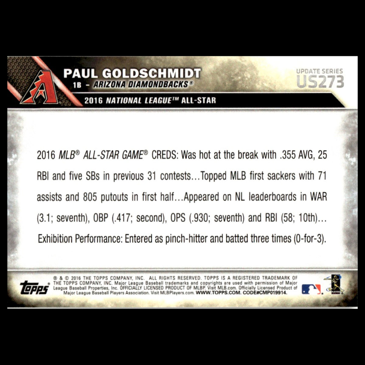 Paul Goldschmidt #US273 2016 Topps Update Arizona Diamondbacks Baseball Card MLB