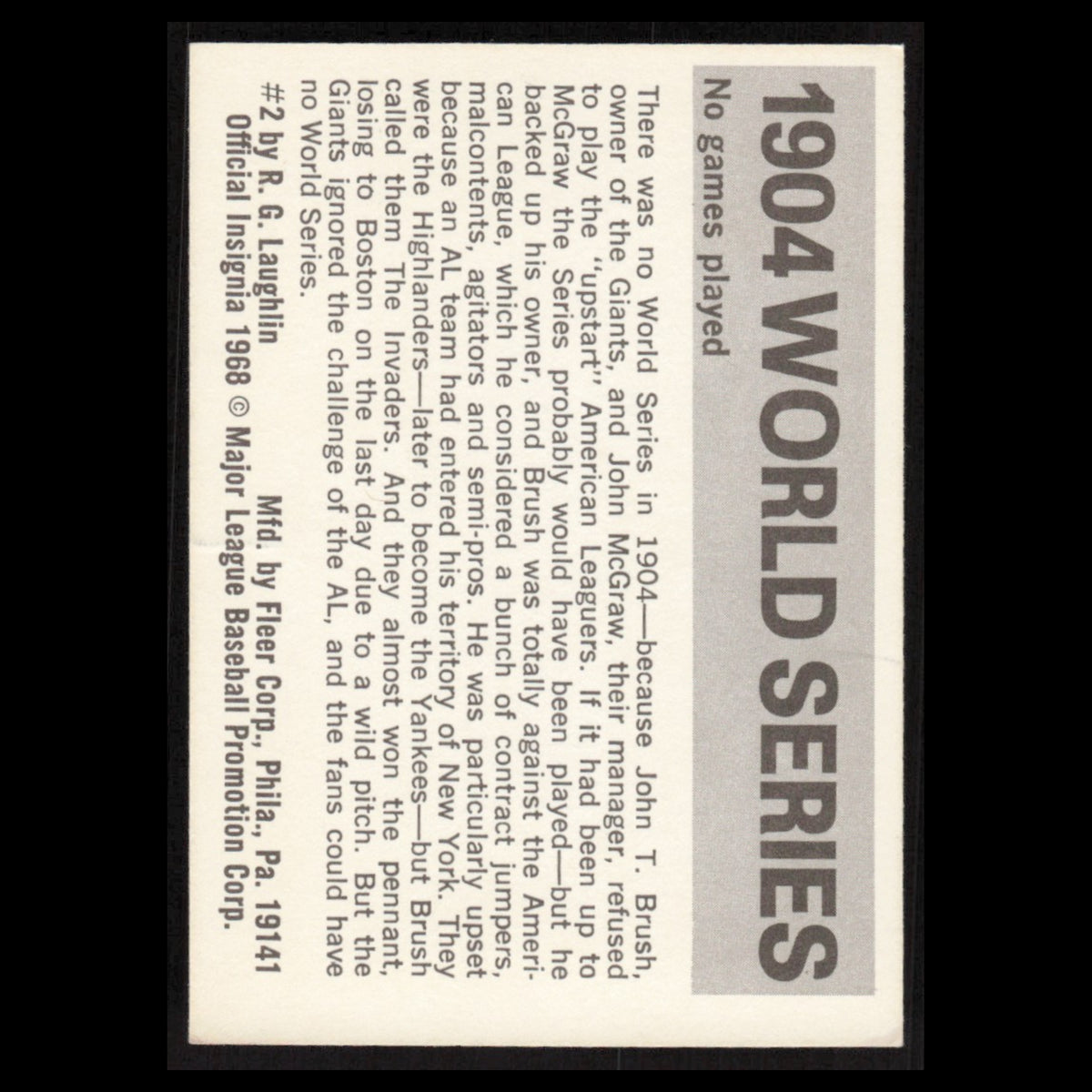 No Series NY Giants 1904 #2 1971 Fleer Laughlin World Series Baseball Card MLB