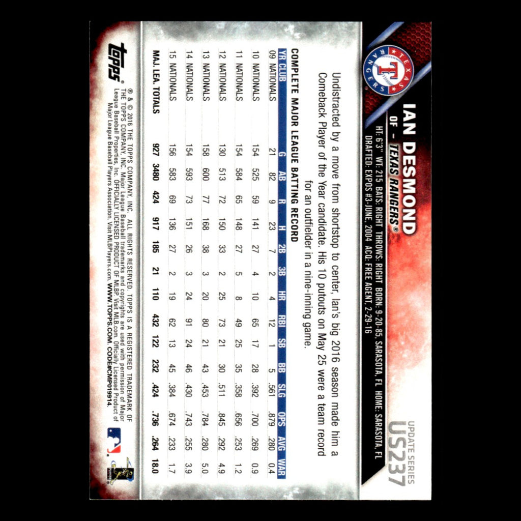 Ian Desmond #US237 2016 Topps Update Texas Rangers Baseball Card MLB NM