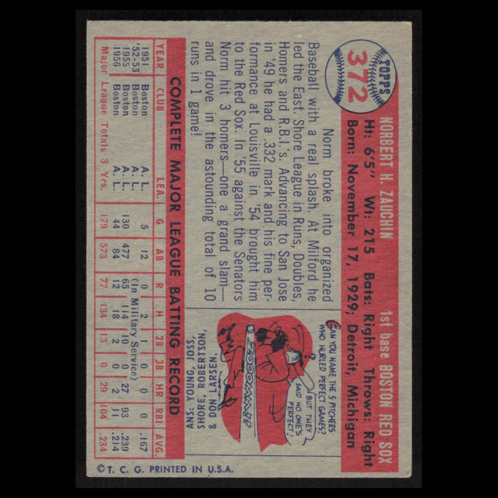 Norm Zauchin #372 1957 Topps Boston Red Sox Baseball Card MLB NM