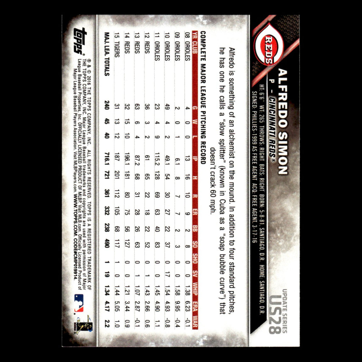 Alfredo Simon #US28 2016 Topps Update Cincinnati Reds Baseball Card MLB NM
