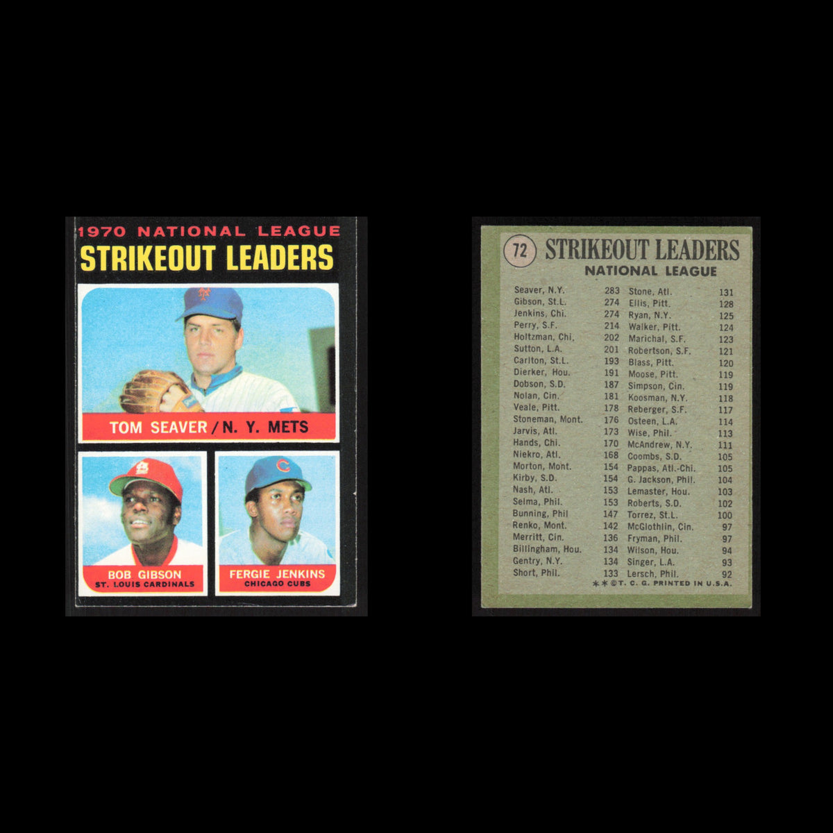 Tom Seaver Bob Gibson Fergie Jenkins #72 1971 Topps NL Strike Out Leaders Card
