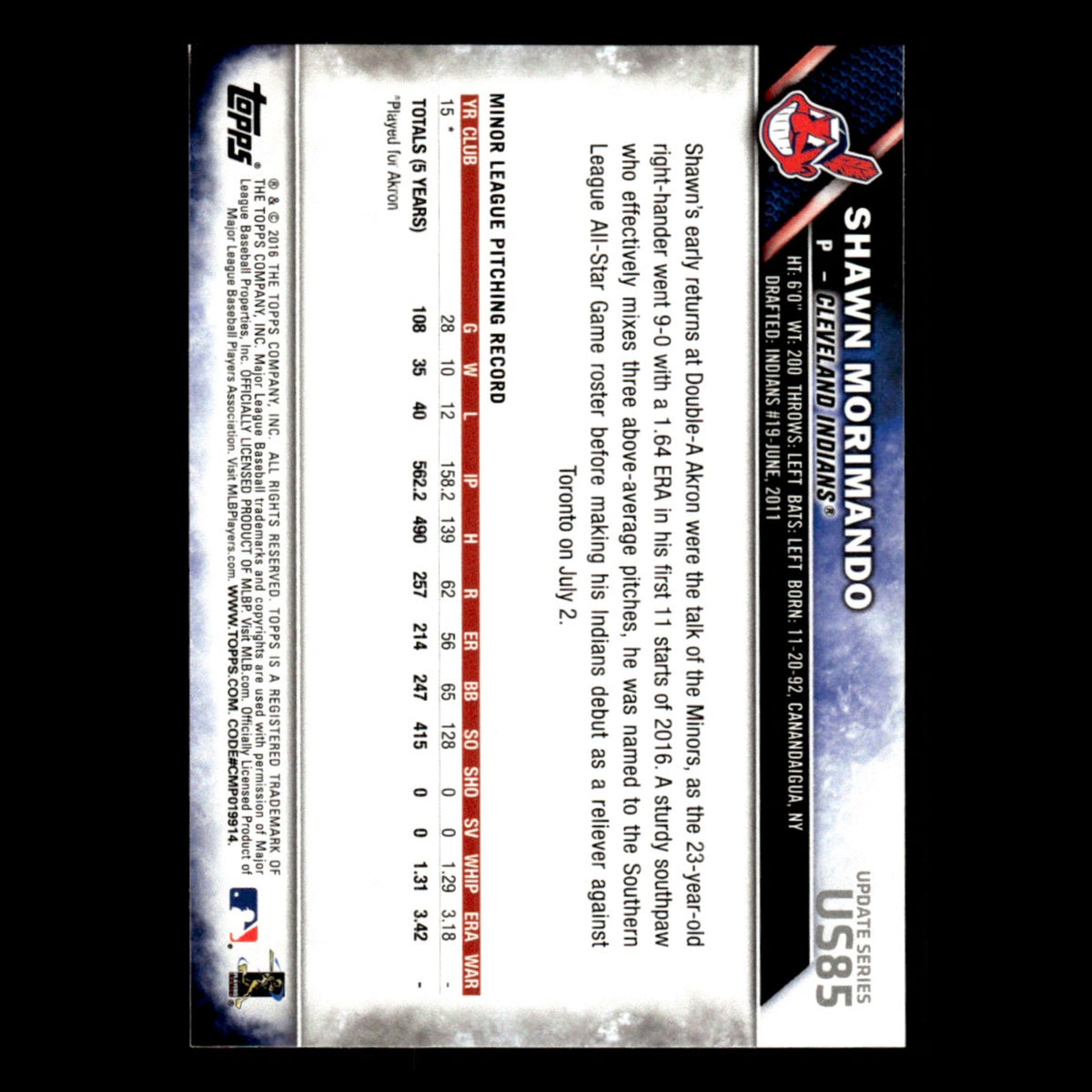 Shawn Morimando Rookie #US85 2016 Topps Update Cleveland Indians Baseball Card
