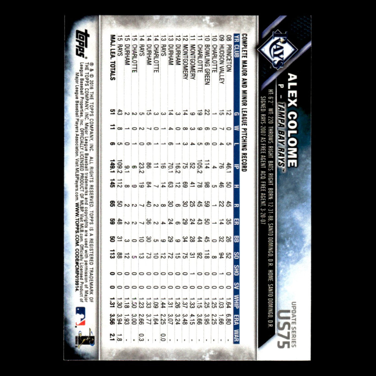 Alex Colome #US75 2016 Topps Update Tampa Bay Rays Baseball Card MLB NM