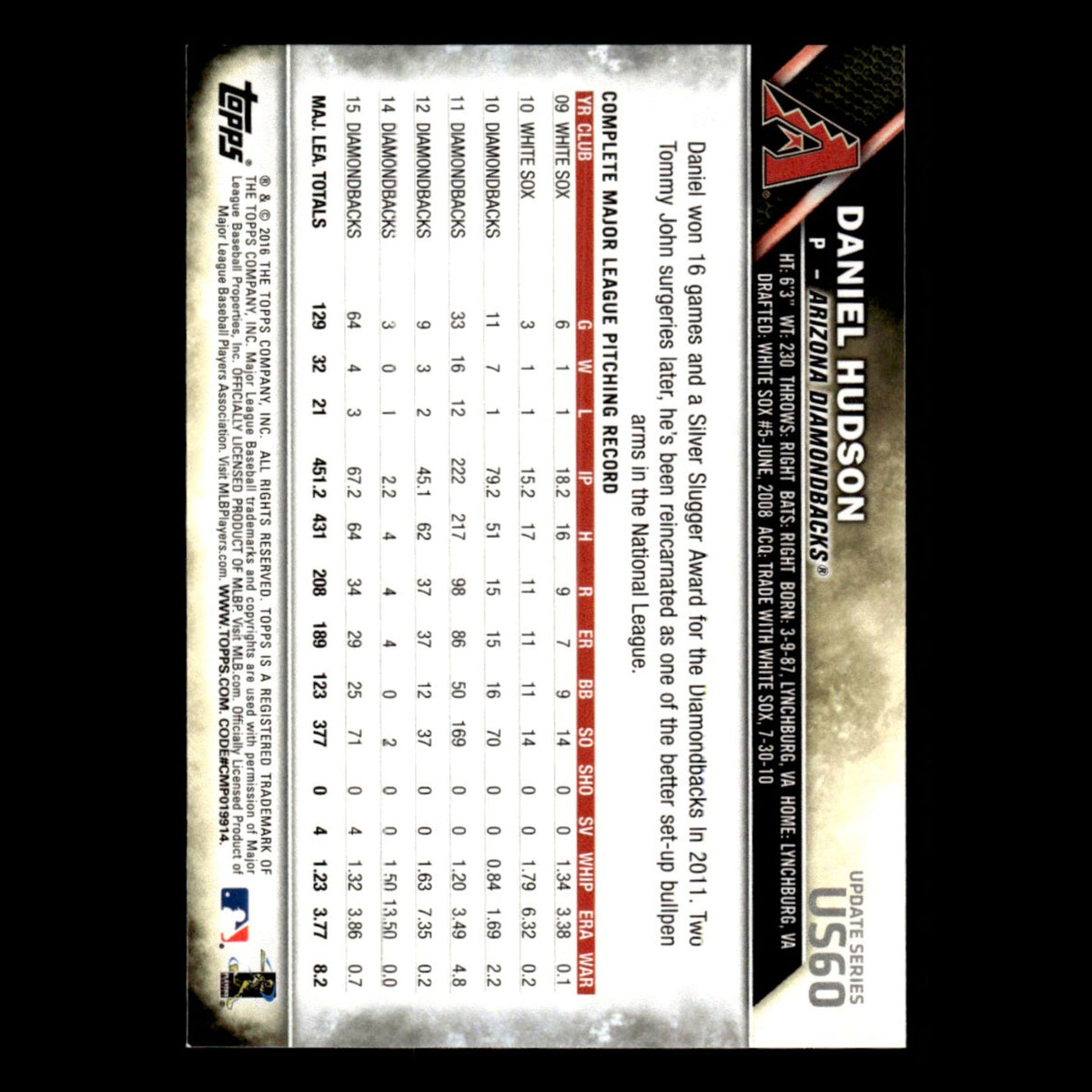 Daniel Hudson #US60 2016 Topps Update Arizona Diamondbacks Baseball Card MLB NM