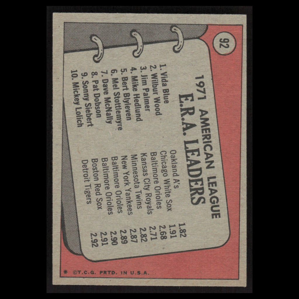 Vida Blue/Wilbur Wood/Jim Palmer LL #92 1972 Topps AL ERA Leaders Baseball Card
