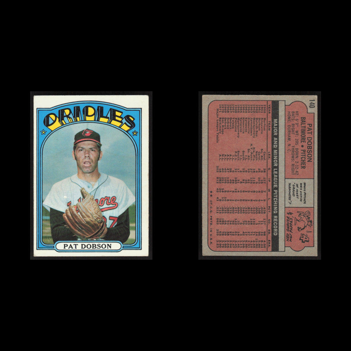 Pat Dobson #140 1972 Topps Baltimore Orioles Baseball Card MLB NM