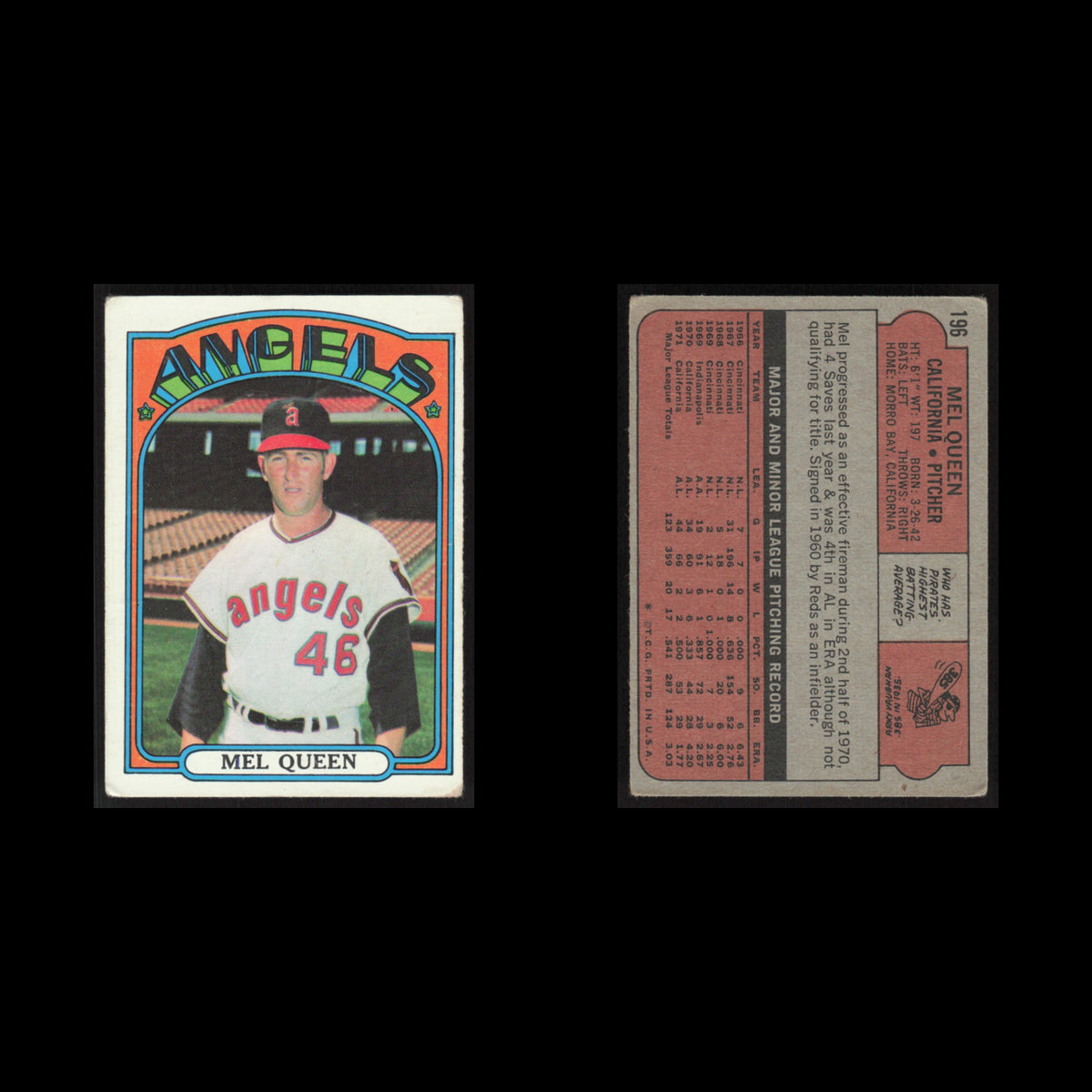 Mel Queen #196 1972 Topps California Angels Baseball Card MLB NM