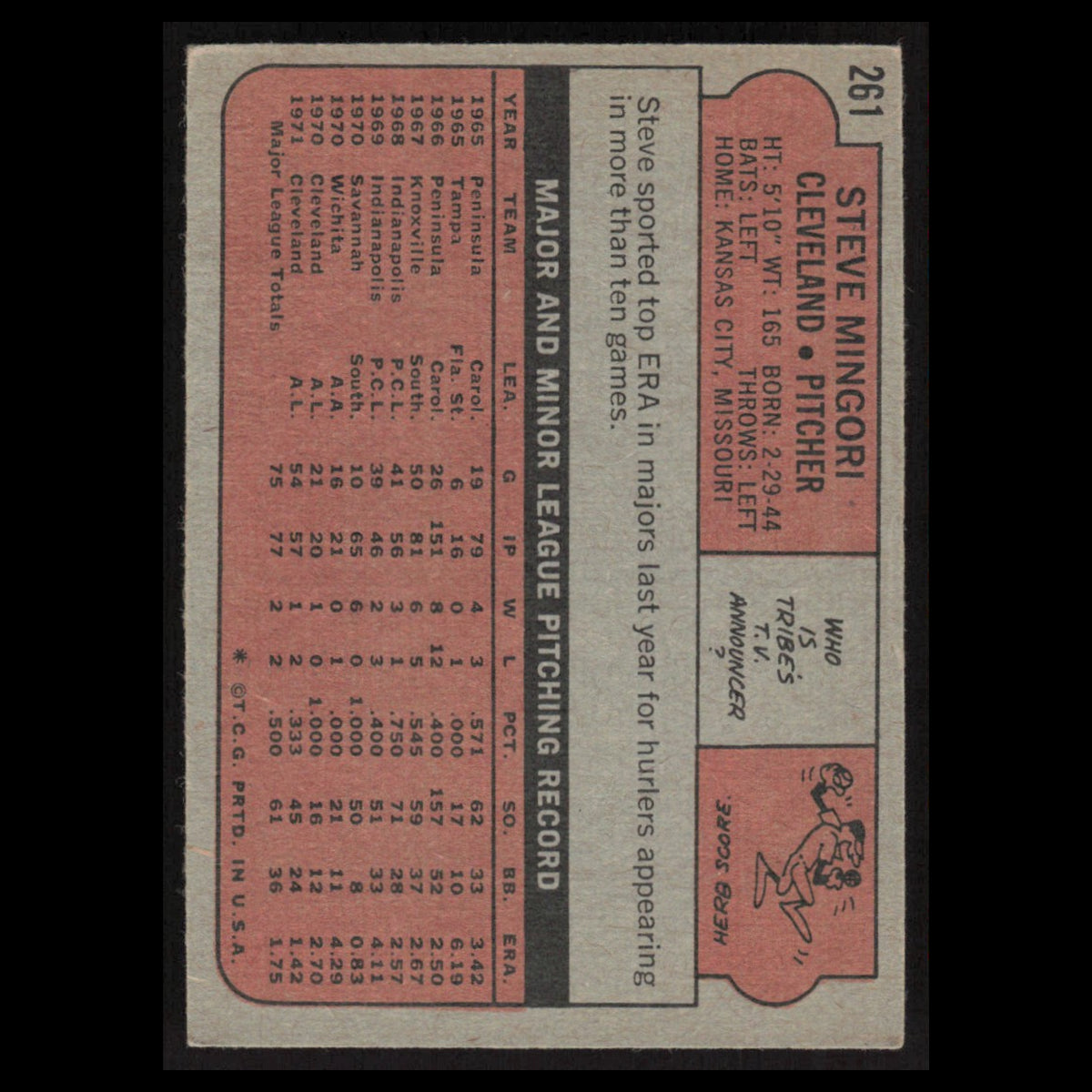 Steve Mingori #261 1972 Topps Cleveland Indians Baseball Card MLB NM