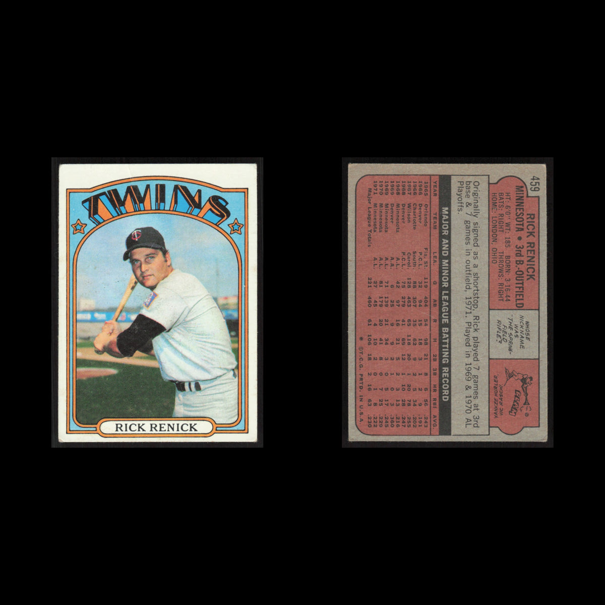 Rick Renick #459 1972 Topps Minnesota Twins Baseball Card MLB NM