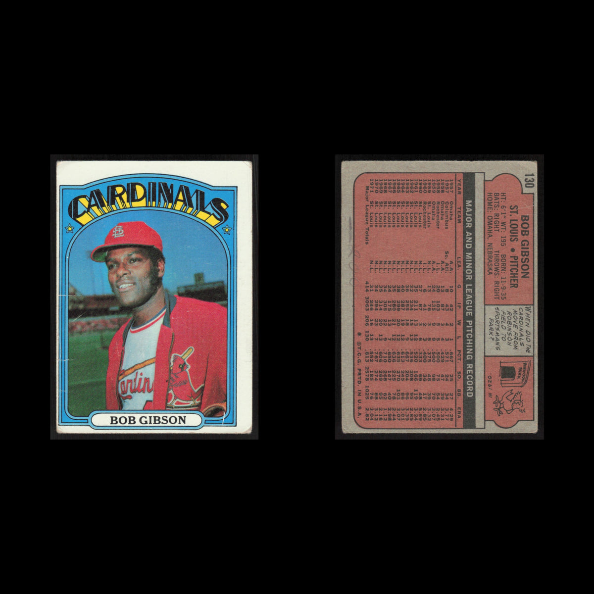 Bob Gibson #130 1972 Topps St. Louis Cardinals Baseball Card MLB NM