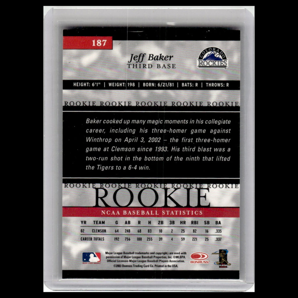 Jeff Baker Rookie /1750 #187 2003 Donruss Elite Colorado Rockies Baseball Card
