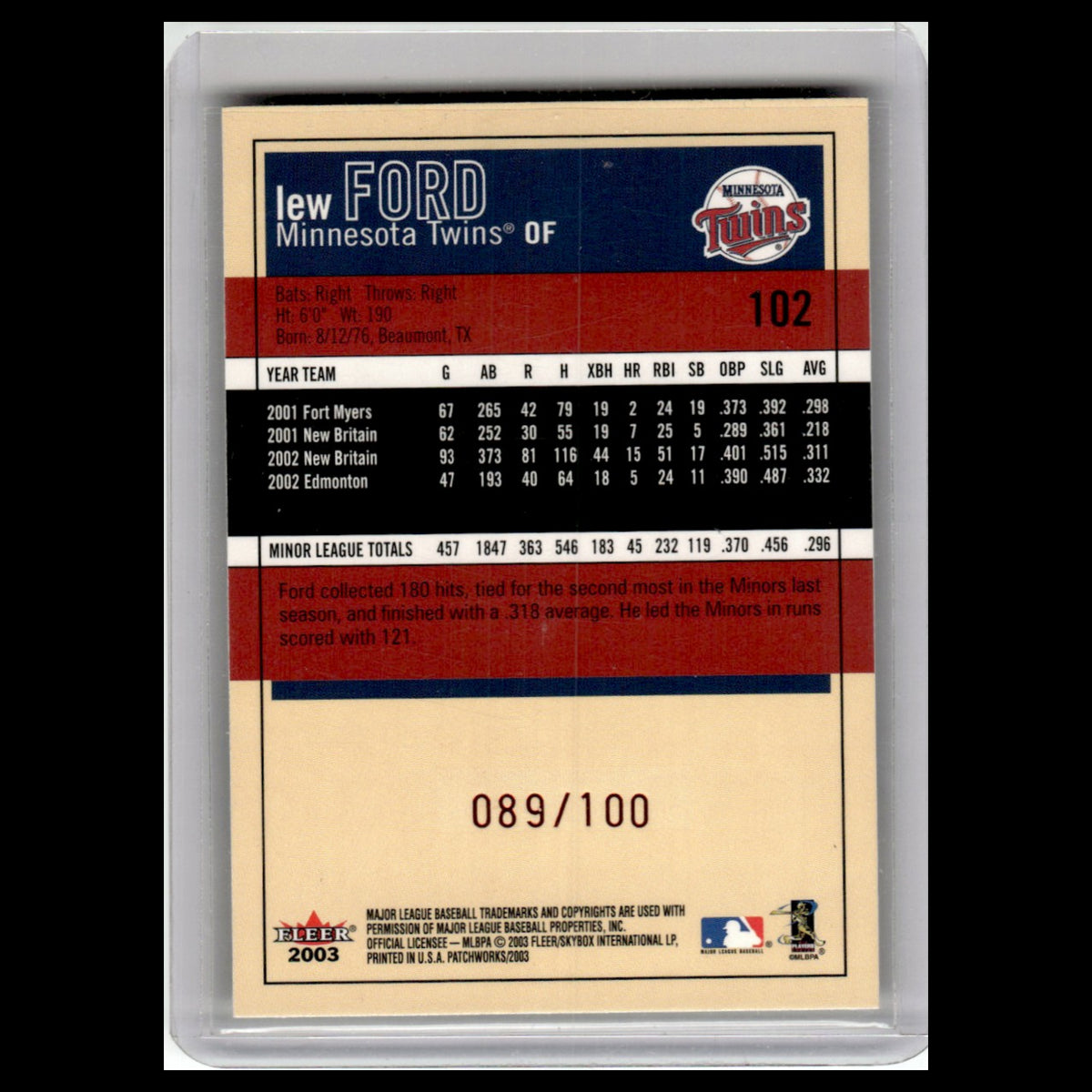 Lew Ford Rookie /100 #102 2003 Fleer Patchworks Minnesota Twins Baseball Card NM