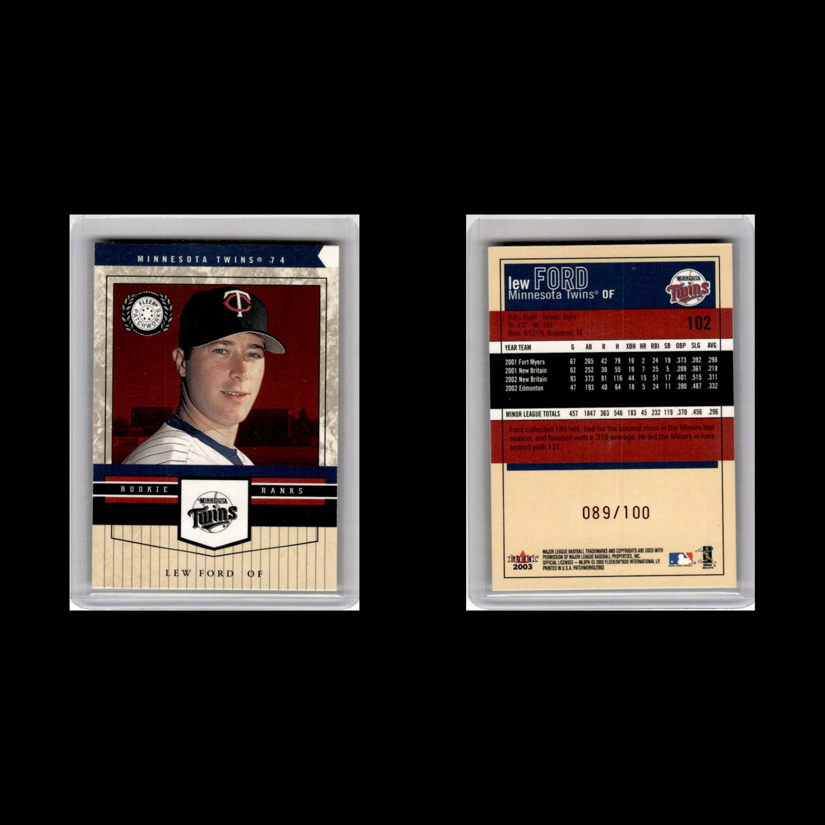 Lew Ford Rookie /100 #102 2003 Fleer Patchworks Minnesota Twins Baseball Card NM