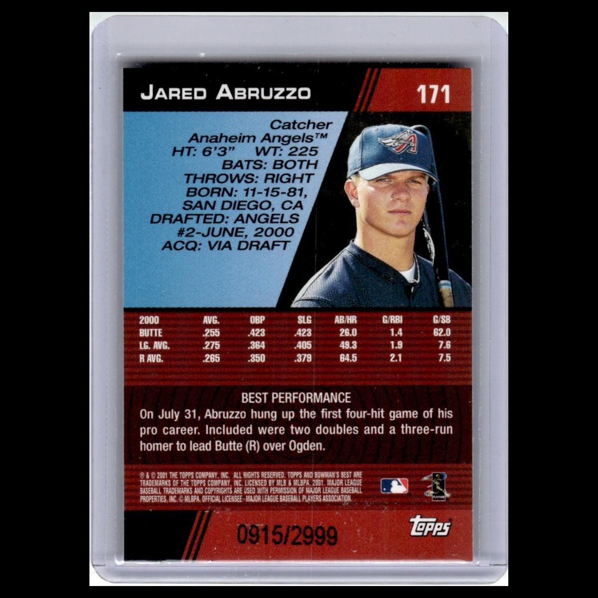 Jared Abruzzo Rookie /2999 #171 2001 Bowmans Best Anaheim Angels Baseball Card
