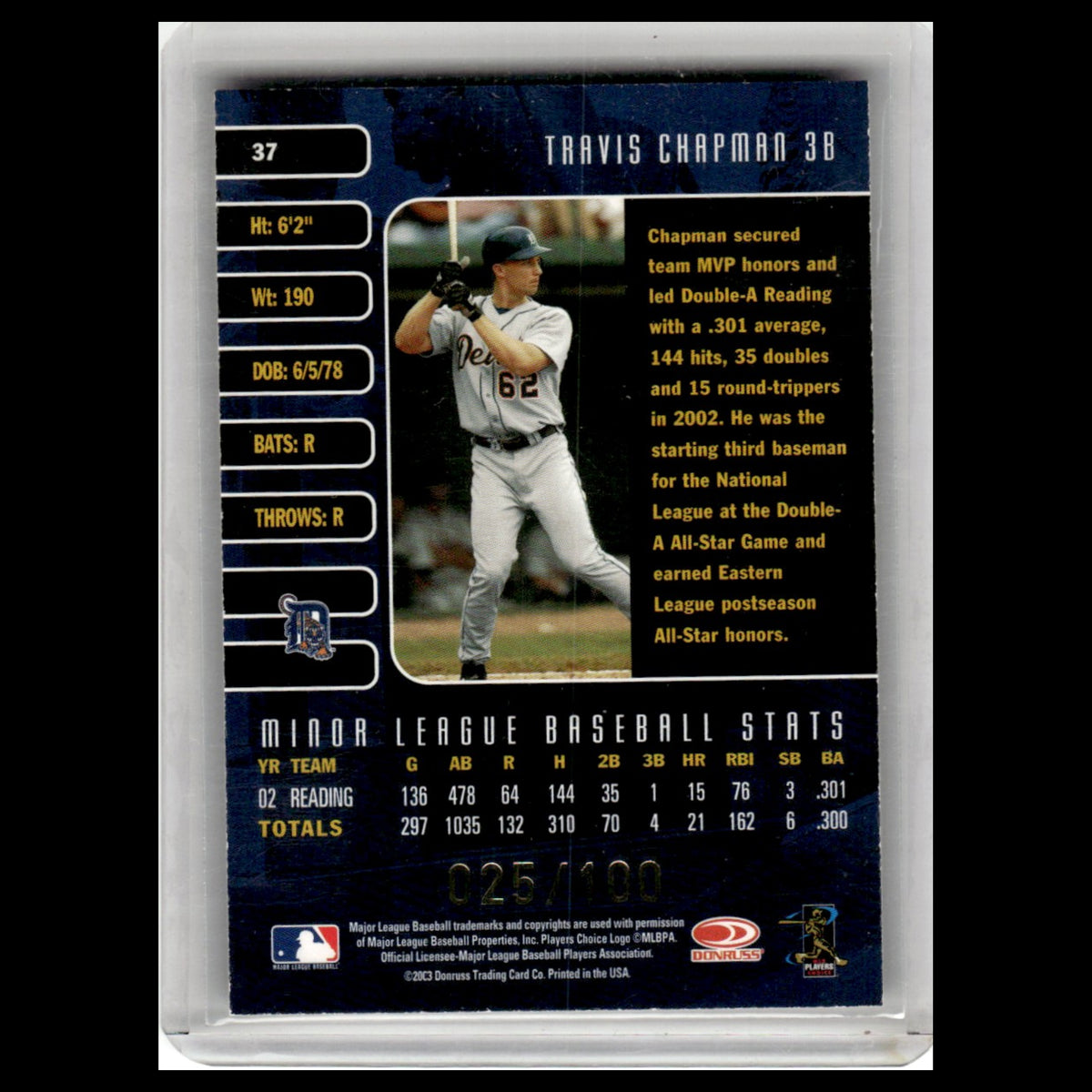 Travis Chapman /100 #37 2003 Donruss Studio Proof Detroit Tigers Baseball Card