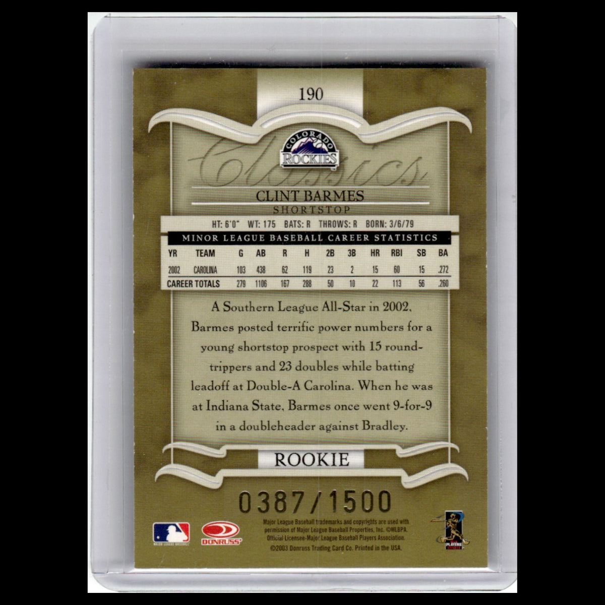 Clint Barmes Rookie /1500 #190 2003 Donruss Classics Colorado Rockies Baseball