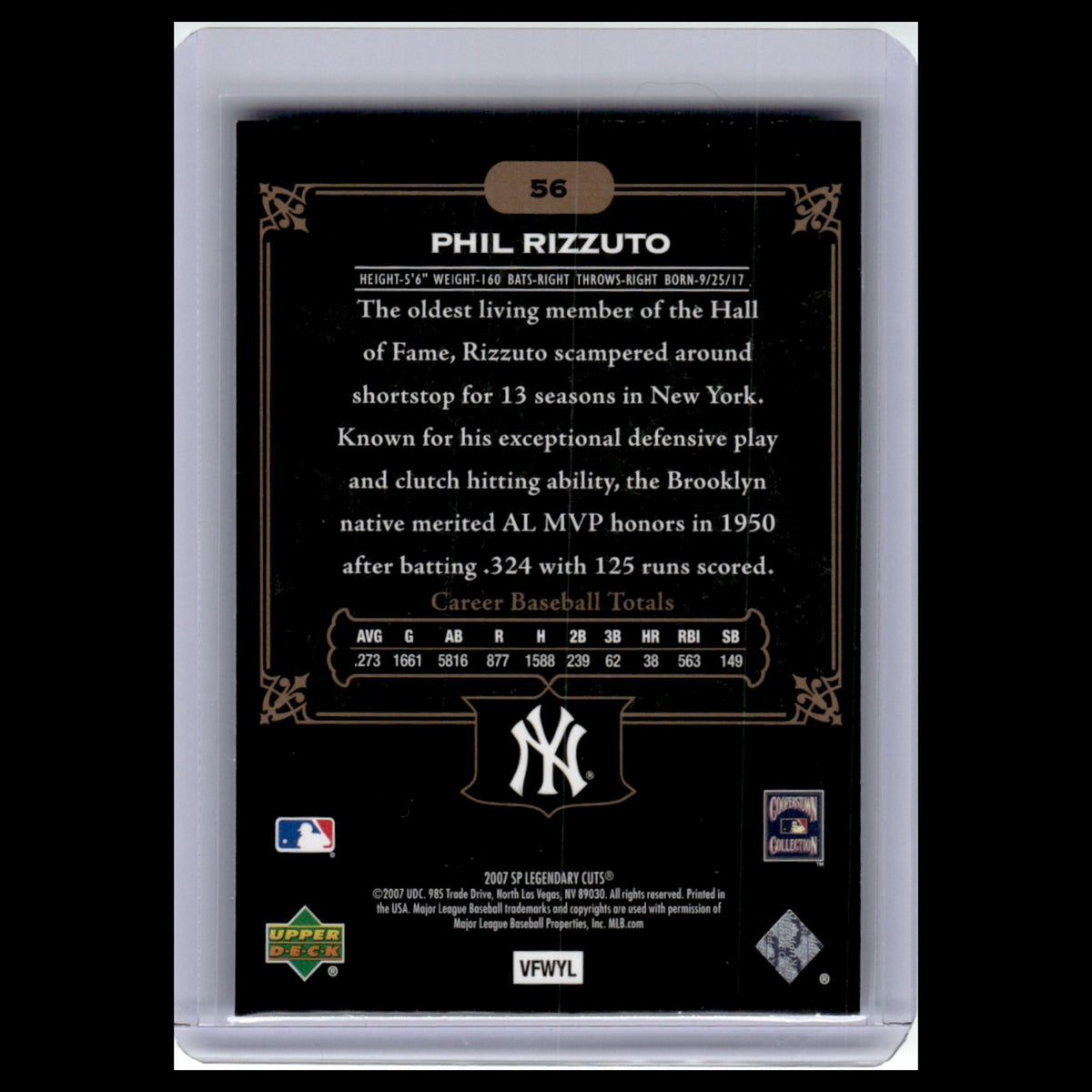 Phil Rizzuto #56 2007 SP Legendary Cuts New York Yankees Baseball Card MLB NM