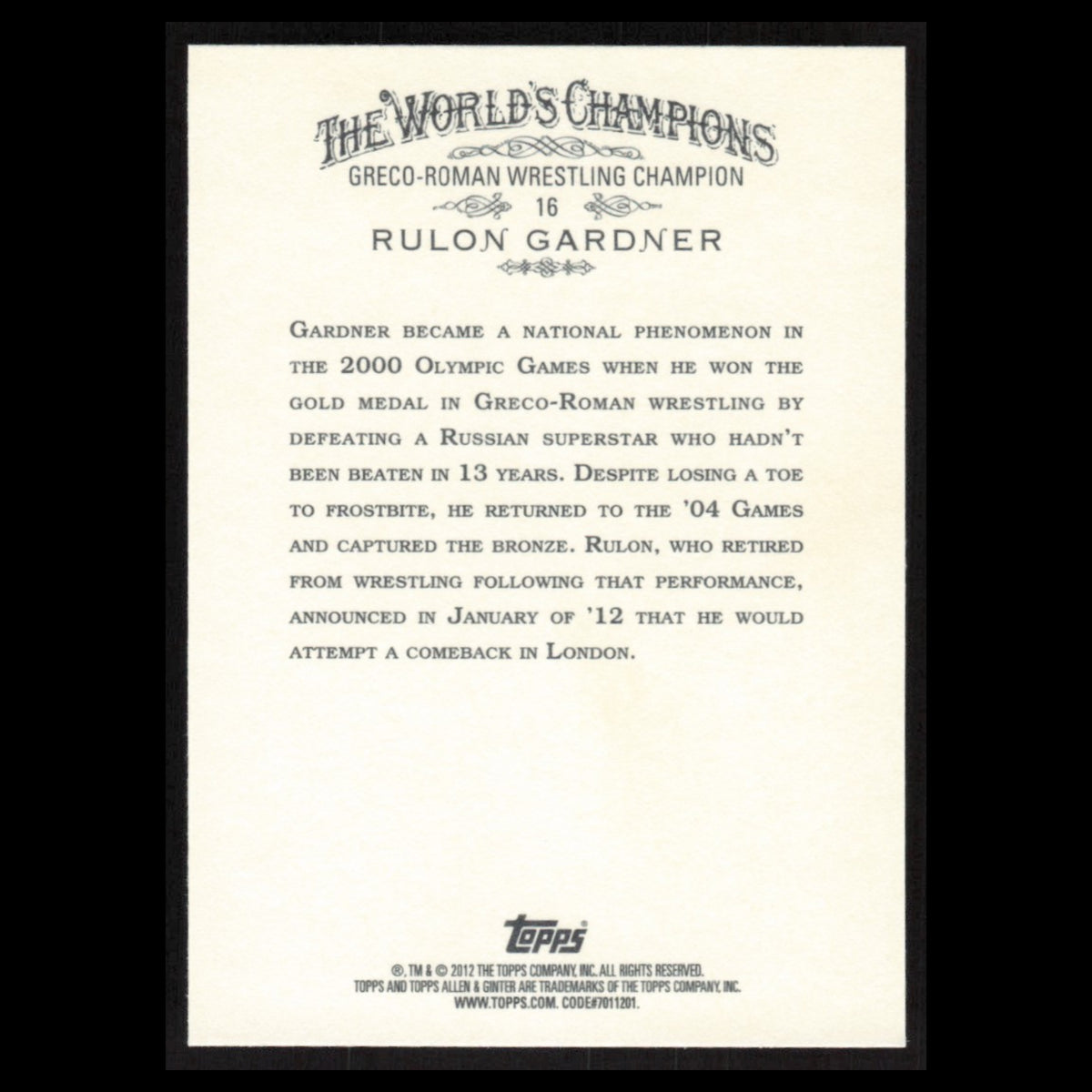 Rulon Gardner #16 2012 Topps Allen - Ginter Baseball Card MLB NM