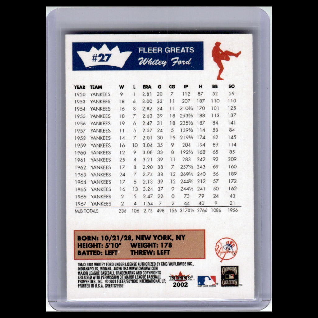 Whitey Ford #27 2002 Fleer Greats New York Yankees Baseball Card MLB NM