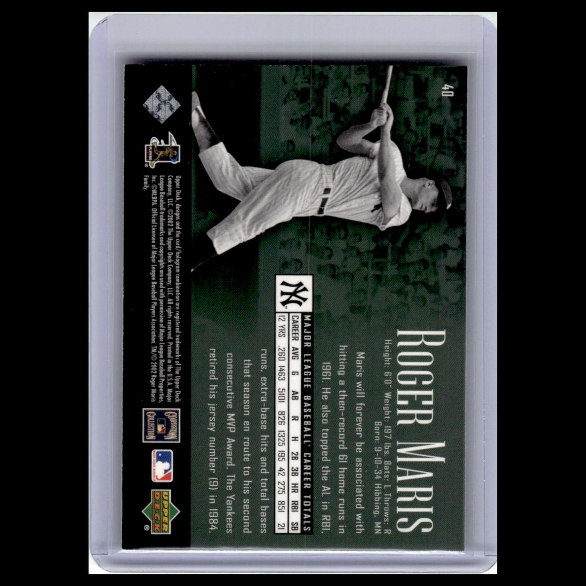 Roger Maris #40 2002 Upper Deck Piece of History New York Yankees Baseball Card